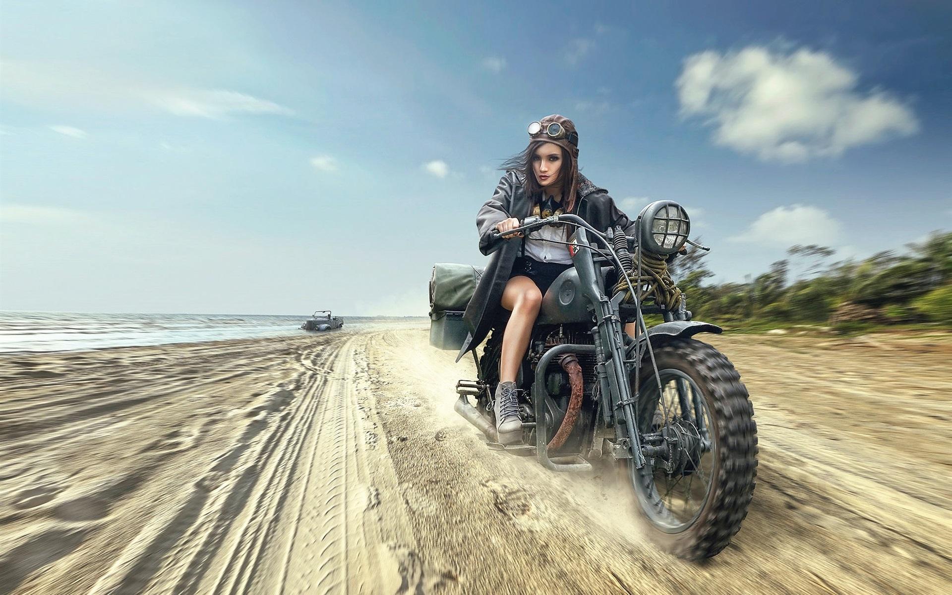 Wallpaper Girl riding motorcycle at beach 1920x1200 HD