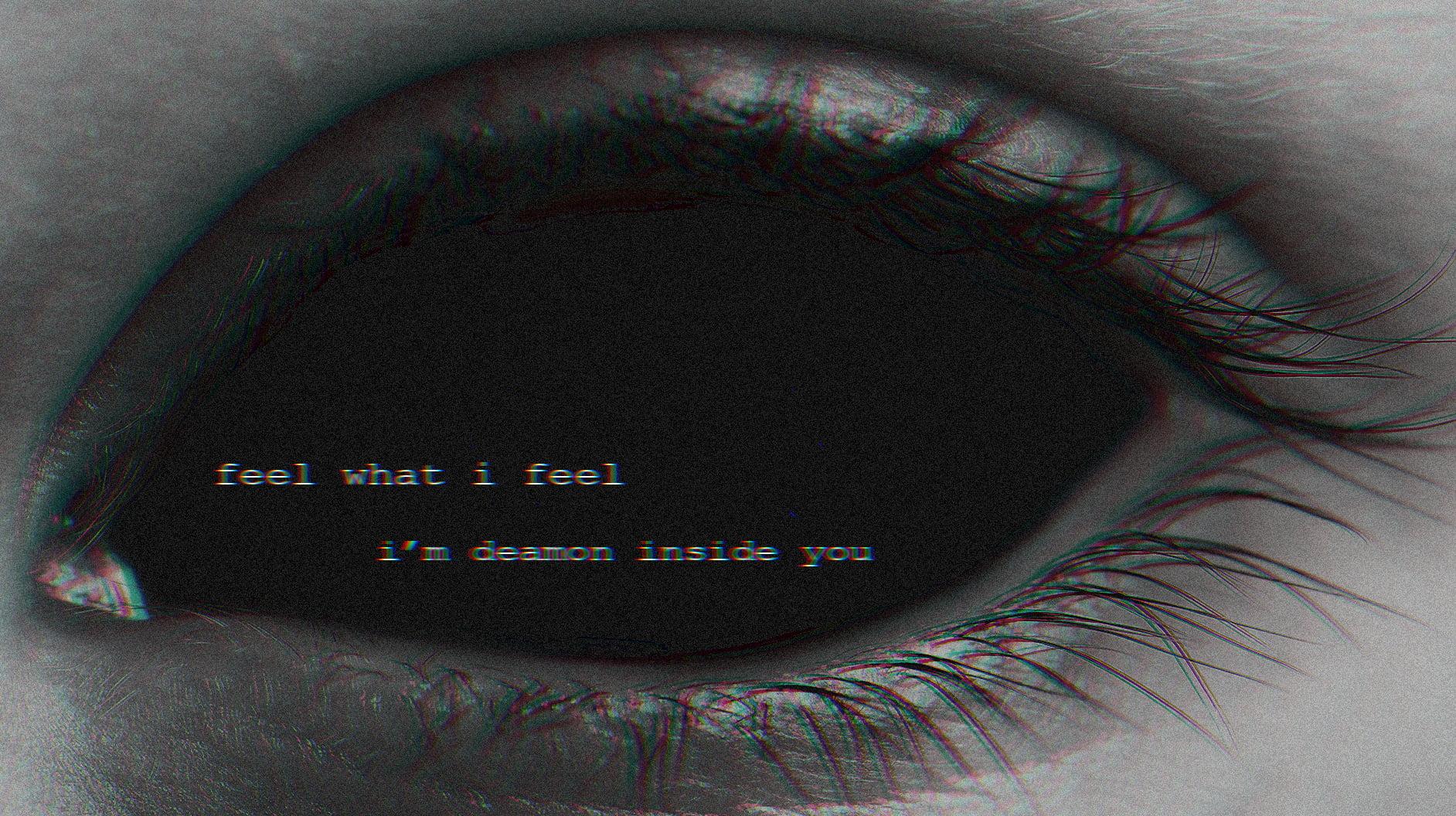Black background with text overlay, devils, eyes, dark eyes