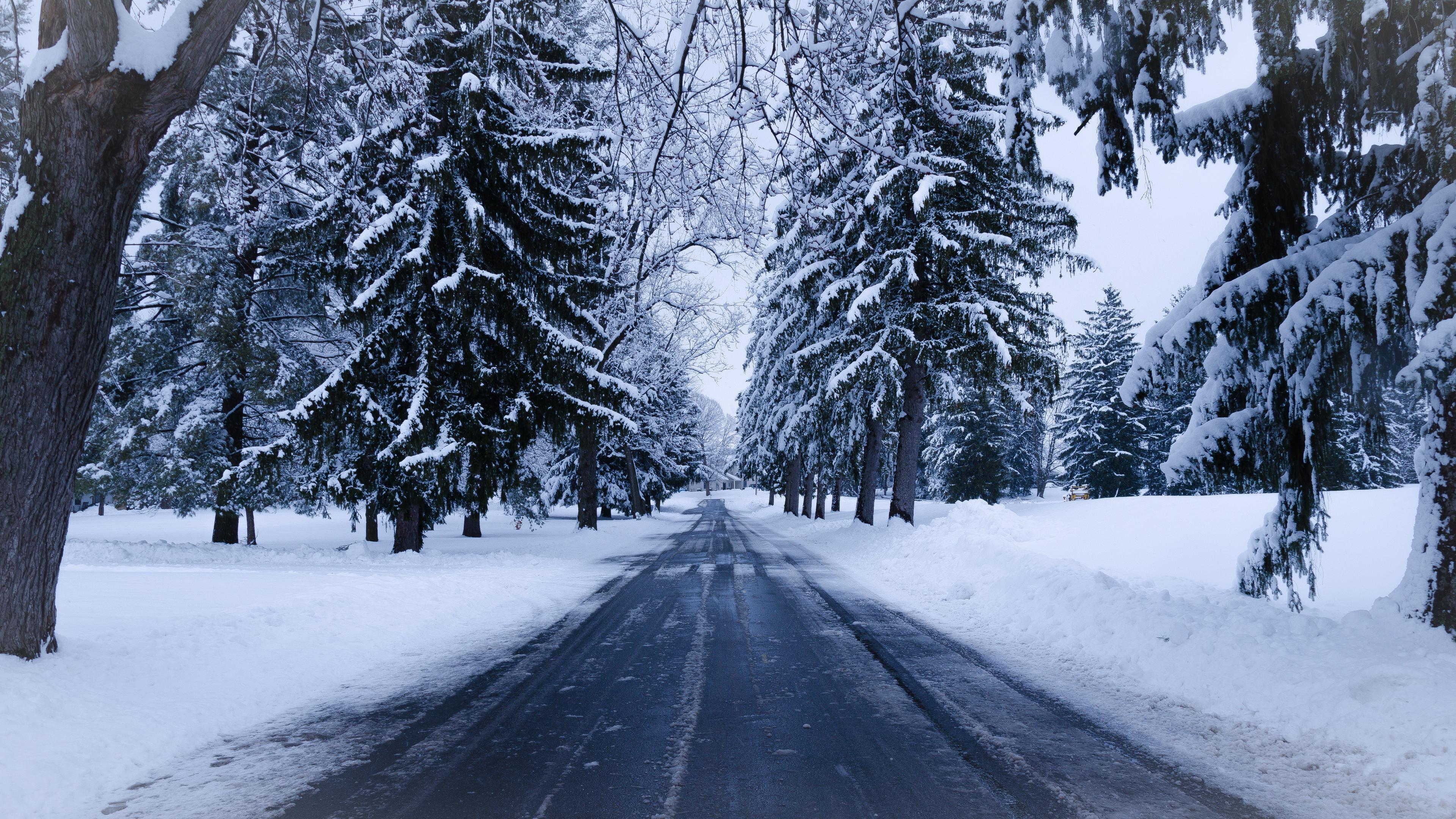 Download wallpaper 3840x2160 winter, road, snow, trees