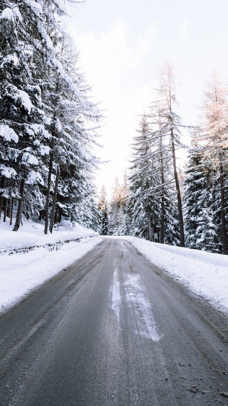 Download Wallpaper 750x1334 Road, Snow, Winter, Trees iPhone 6 HD