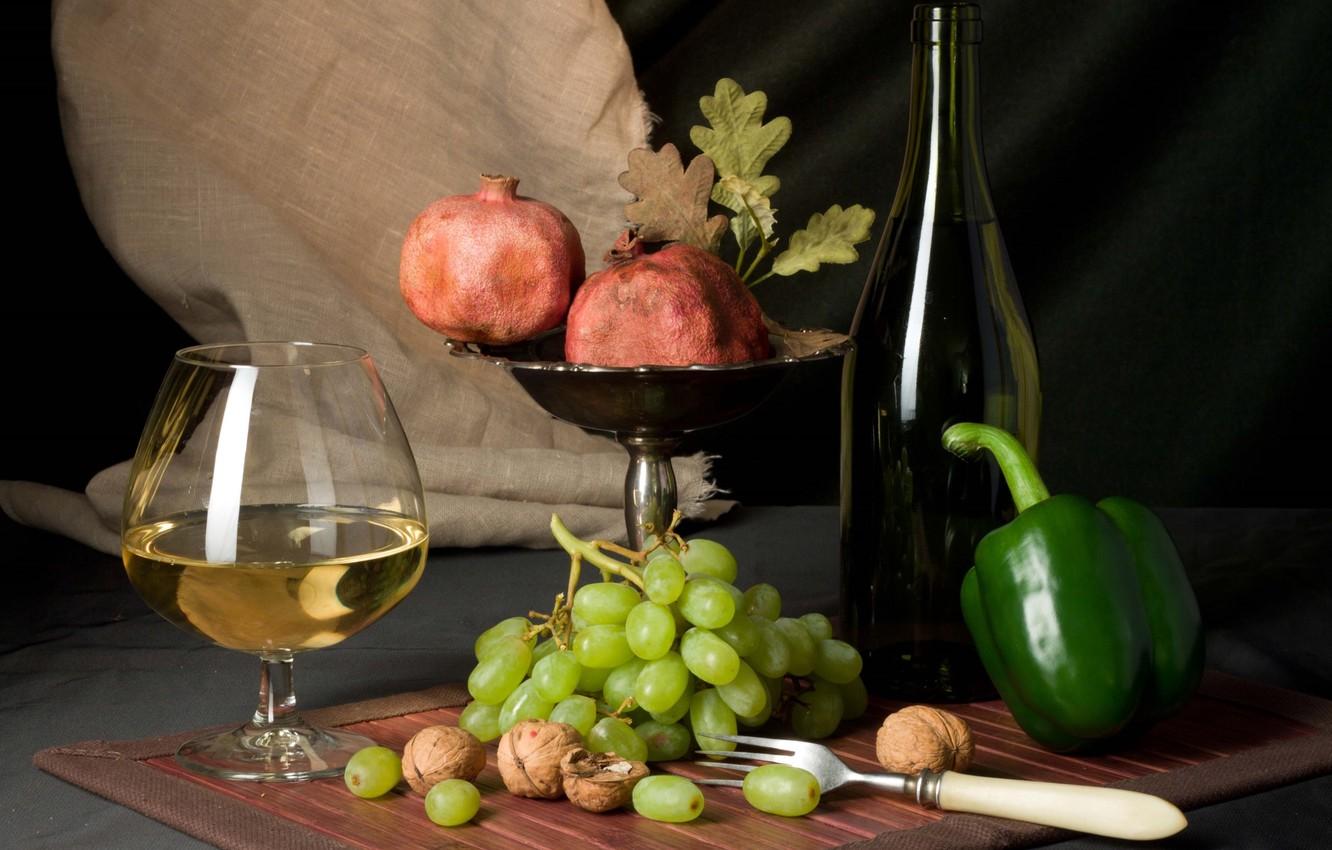Wallpaper wine, glass, bottle, grapes, pepper, plug, nuts