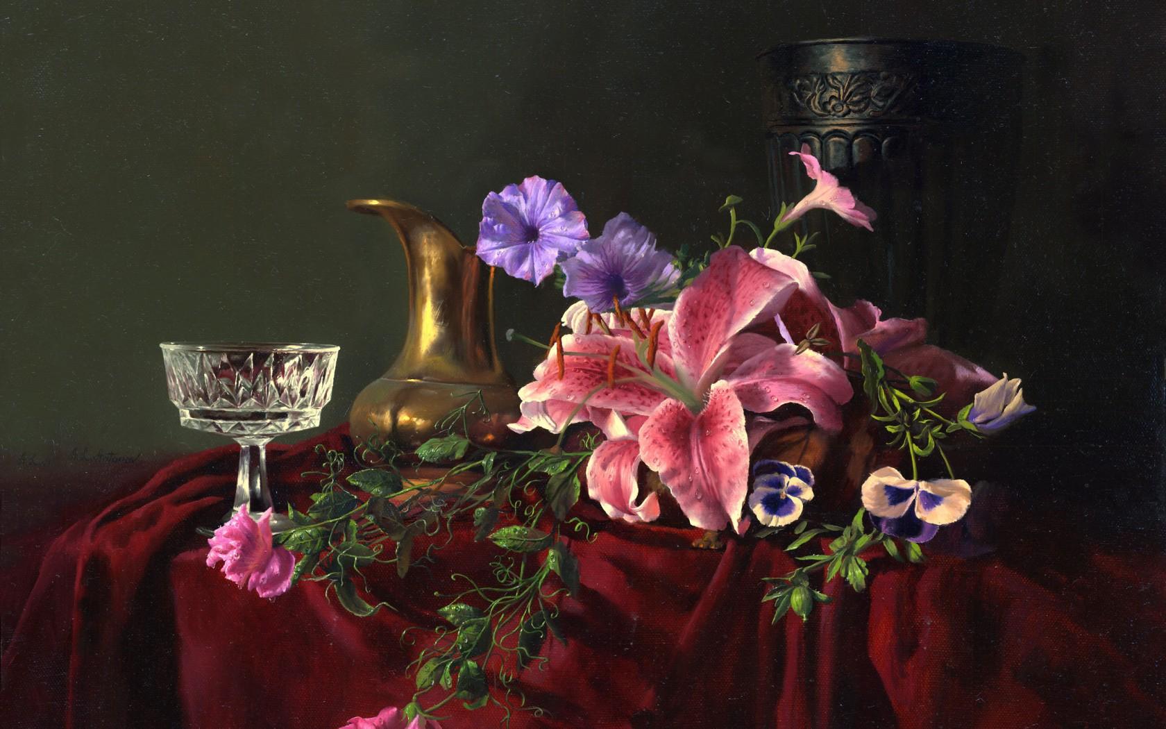 painting, Still, Life, Alexei, Antonov, Flowers, Jar, Glass