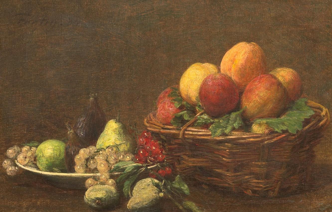 Wallpaper picture, grapes, pear, fruit, basket, Henri Fantin