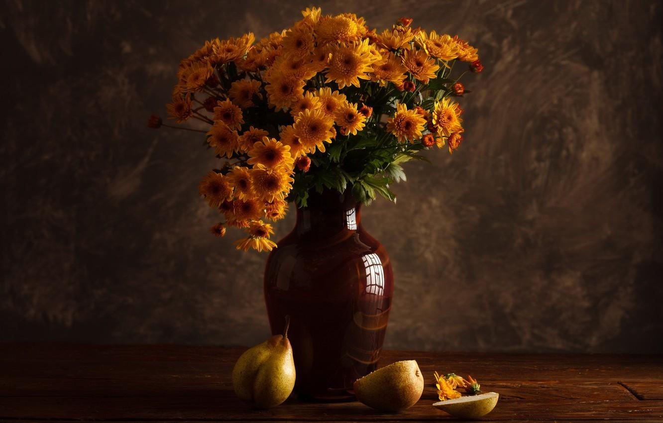Wallpaper flowers, background, vase, fruit, still life, pear