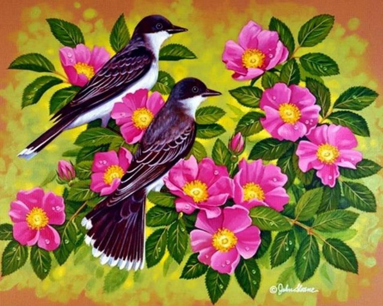 Wallpaper with Flowers and Birds