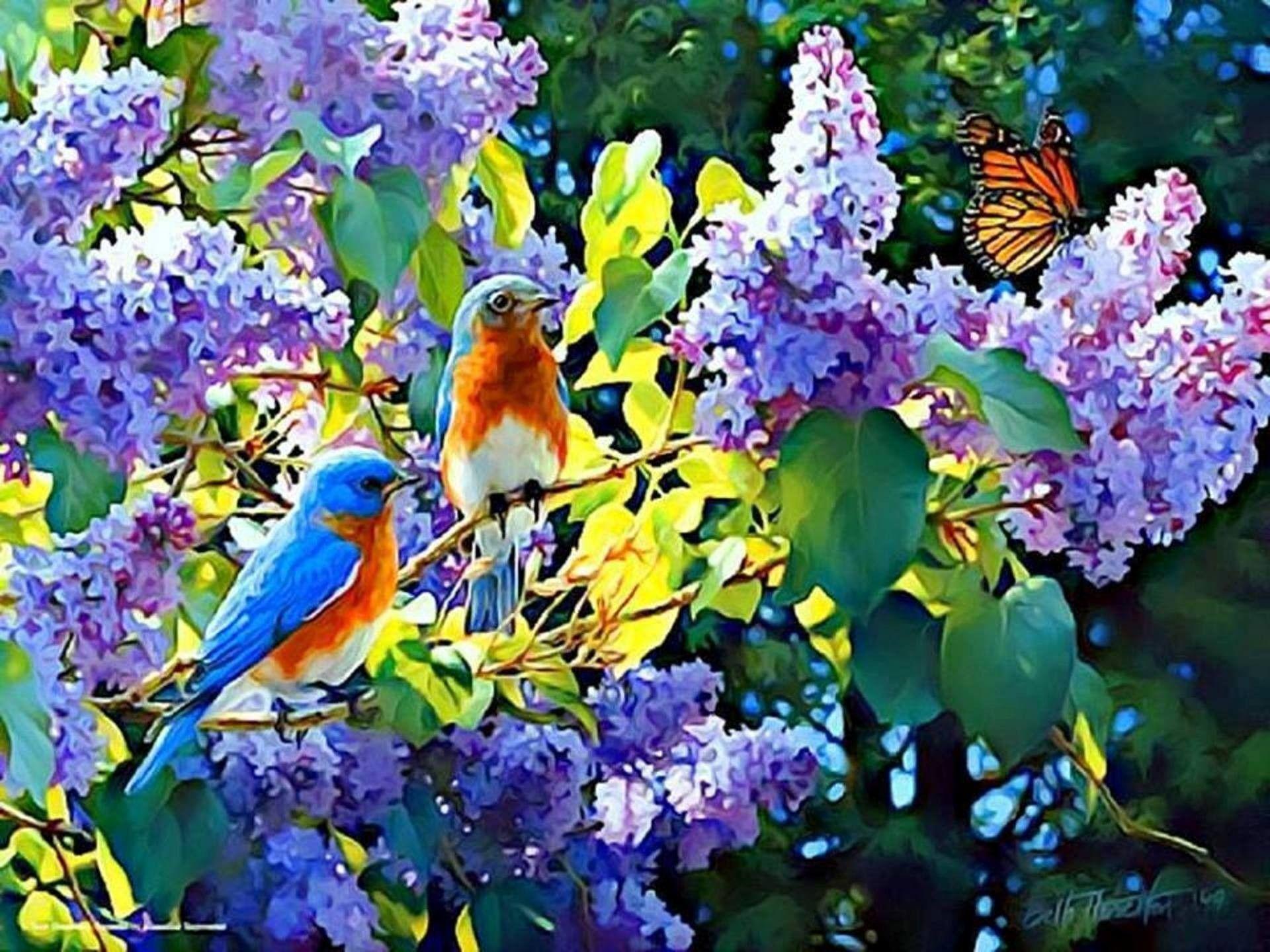 Blue Birds and Flowers Wallpaper