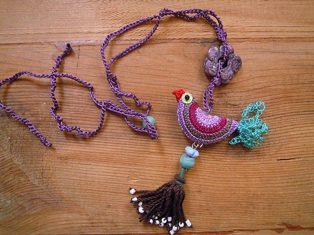crochet bird necklace with tassel, lilac multicolored