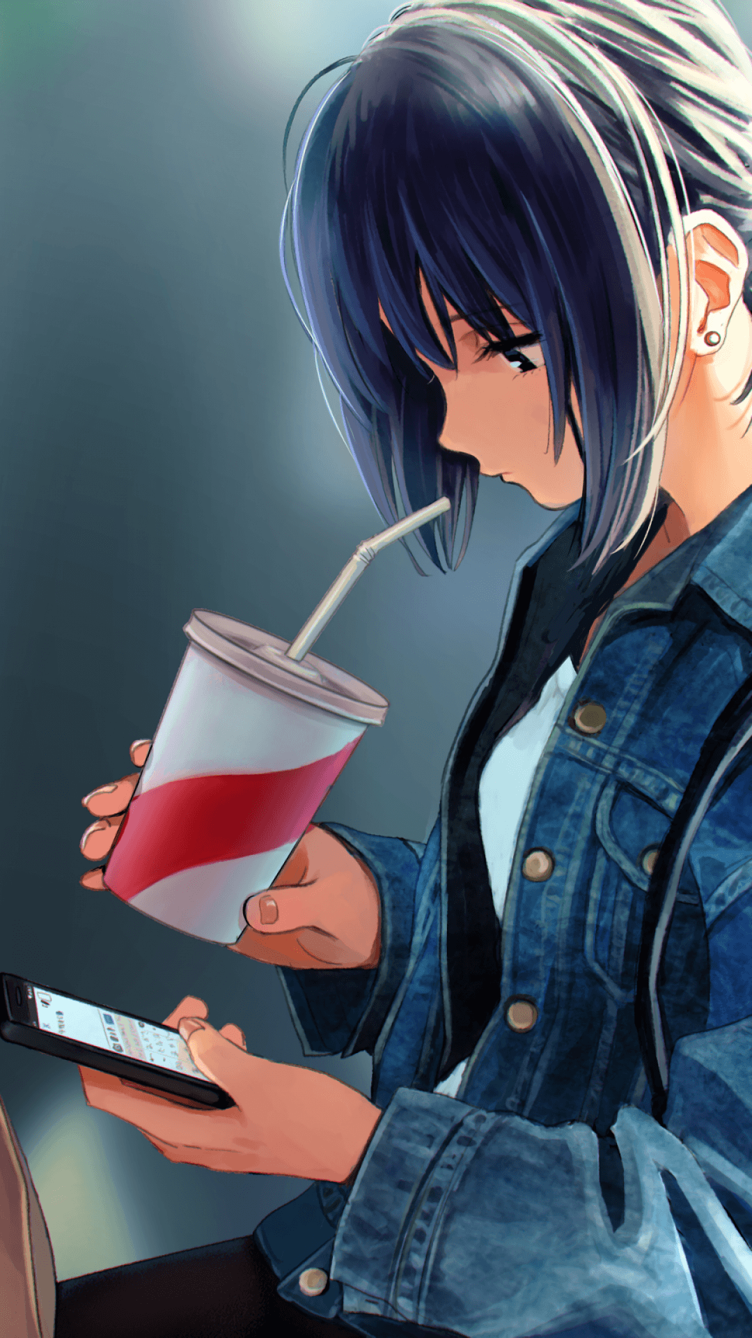 Download 1080x1920 Anime Girl, Drinking, Smartphone, Slice