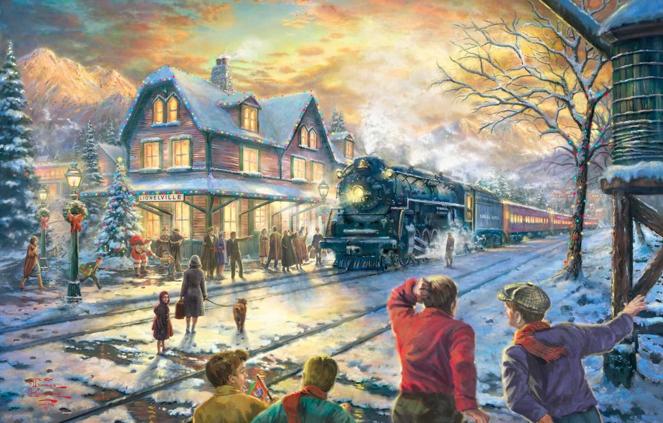 Wallpaper winter, snow, lights, house, holiday, train, spruce, station, the evening, Christmas, railroad, New year, tree, painting, Santa Claus, garland image for desktop, section живопись