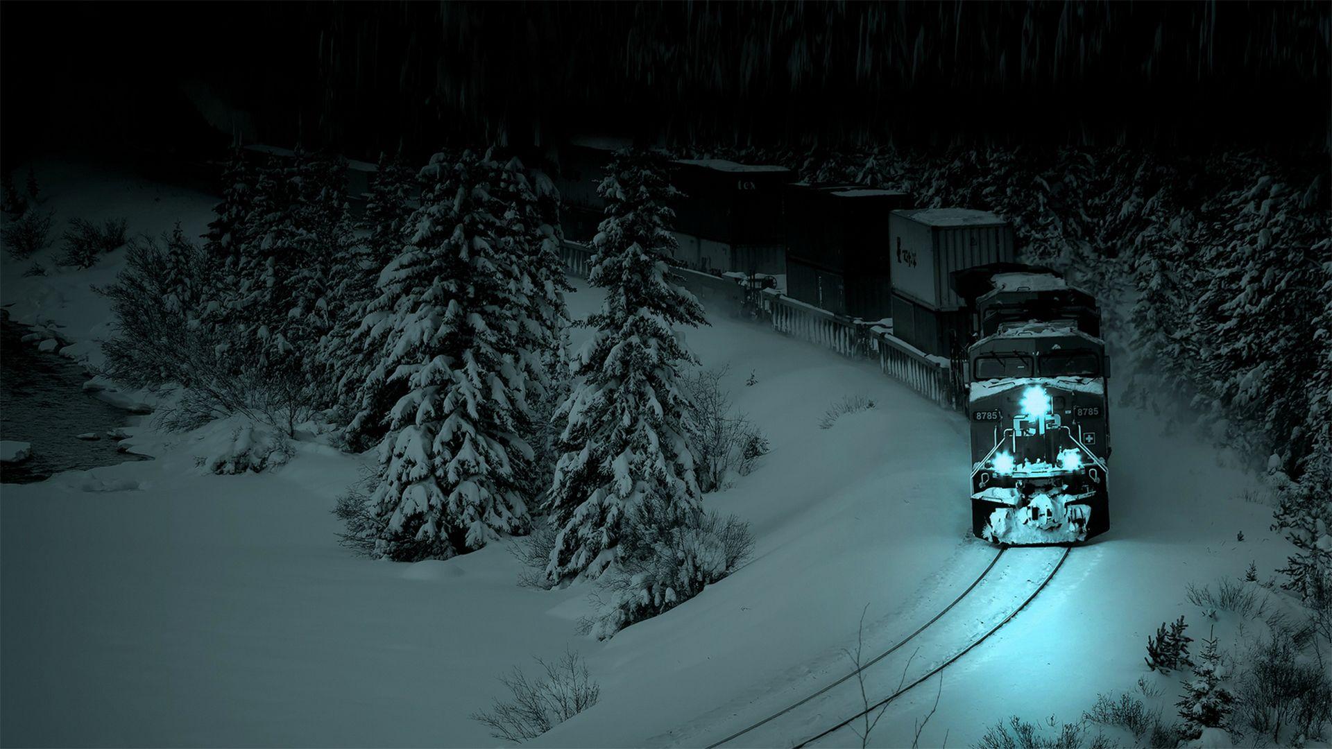 Train On A Snowy Winter's Night Forest Night, HD