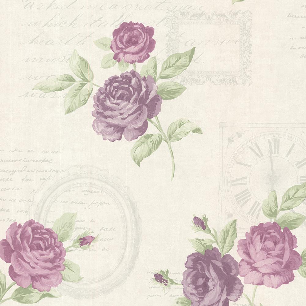 56.4 sq. ft. Venetia Violet Vintage Rose Toss Wallpaper