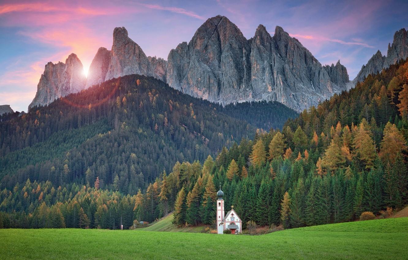 Wallpaper forest, mountains, Italy, Church, temple, meadows