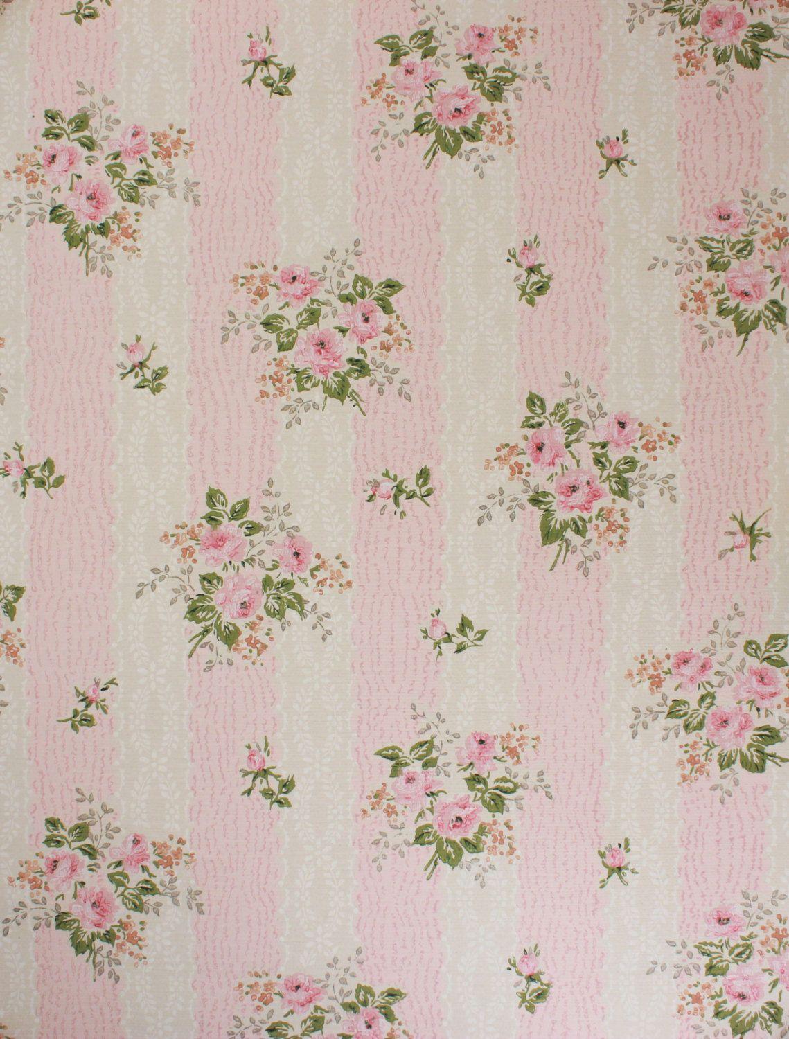 1950's Vintage Wallpaper Pink Roses on Pink and White Lace