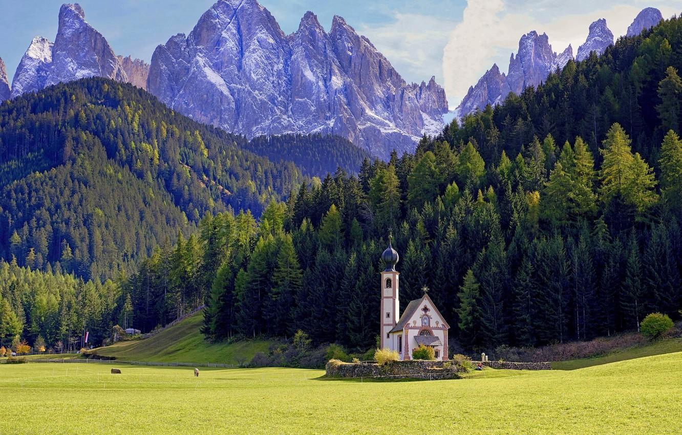 Wallpaper forest, mountains, meadow, Italy, Church, Italy
