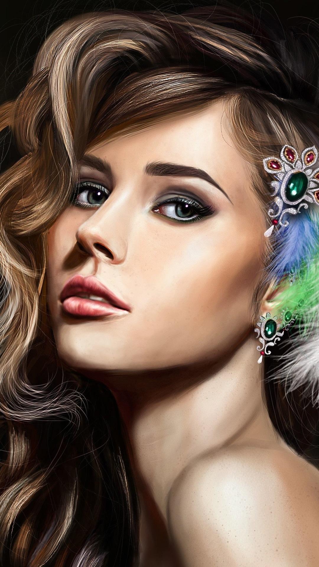 Art fantasy girl, beautiful face, makeup, hair, feathers