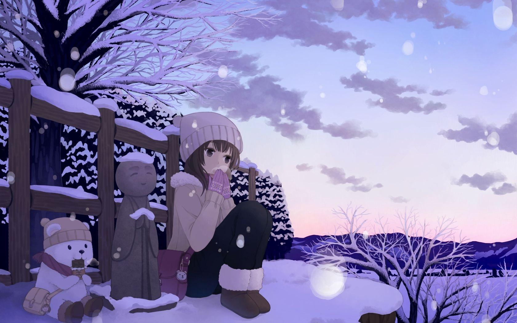 Winter Autumn Anime Girl Sunset Wallpaper iPhone Phone 4K 4090e