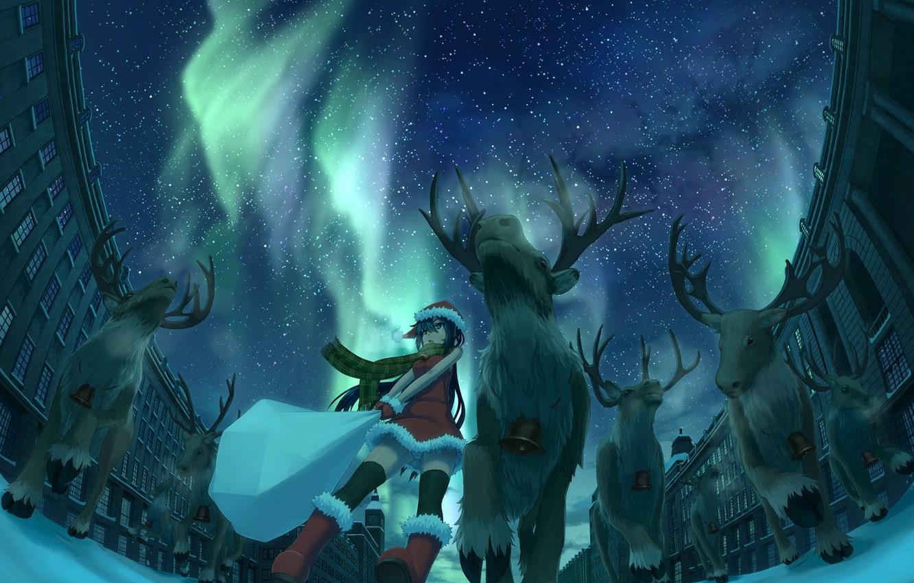 Wallpaper winter, the sky, girl, stars, snow, night, the city, holiday, home, Christmas, Northern lights, anime, deer, scarf, art, horns image for desktop, section прочее
