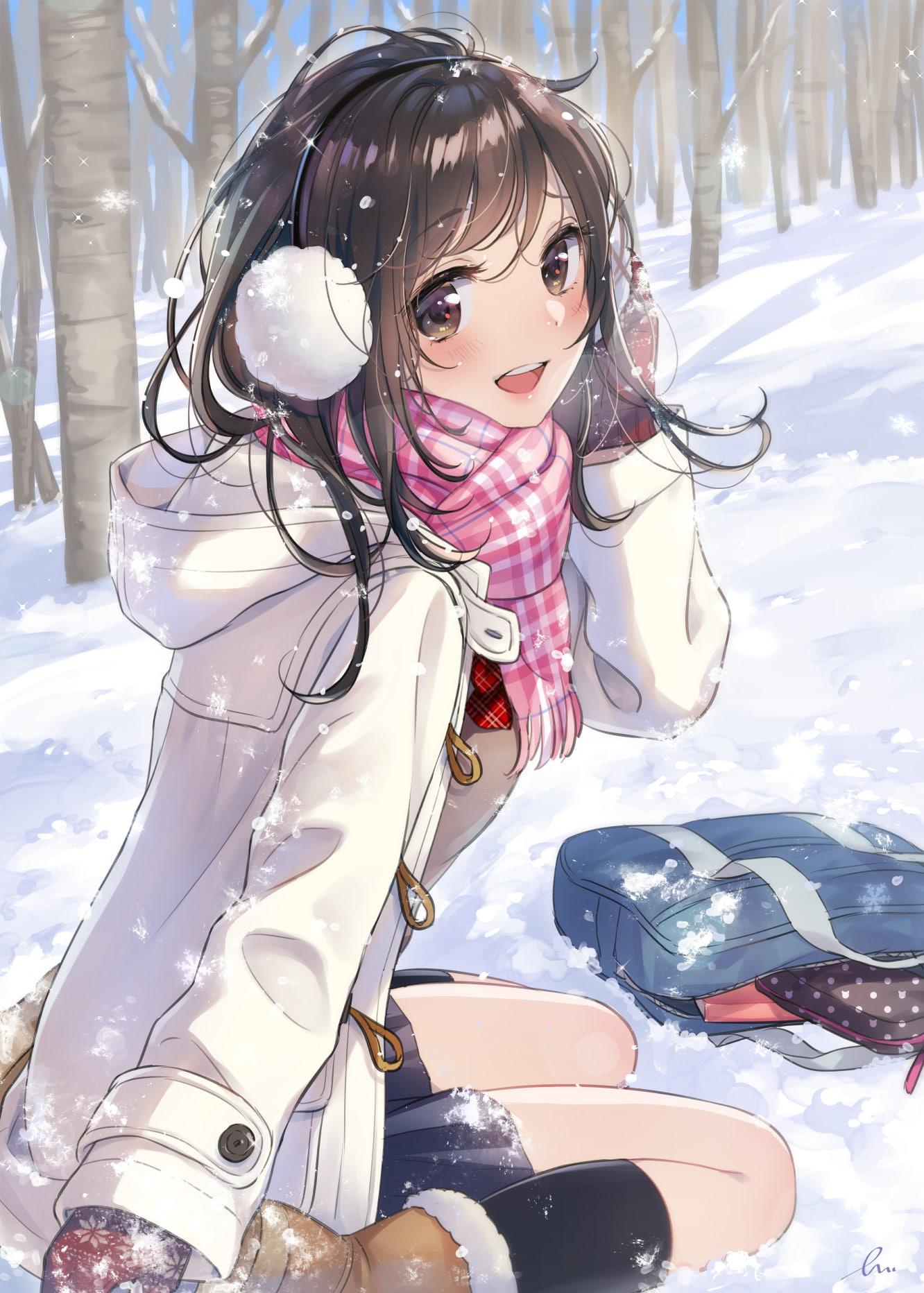 HD wallpaper: Anime, Original, Girl, Mountain, Snow, Sun