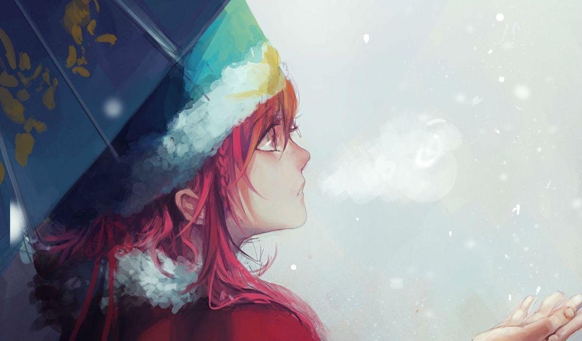 Anime girl winter color red hair wallpaperx1219