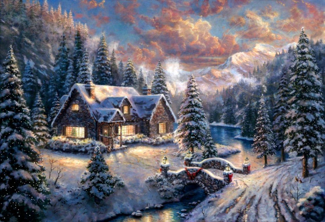 Thomas Kinkade Winter Cottage Desktop Background. Cute