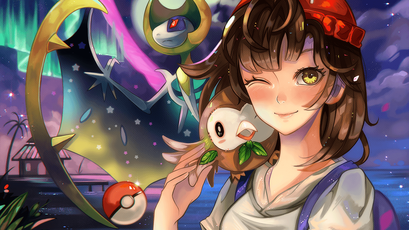 Download 1366x768 Pokemon Sun And Moon, Lunala, Rowlet, Wink, Anime Girl Wallpaper for Laptop, Notebook