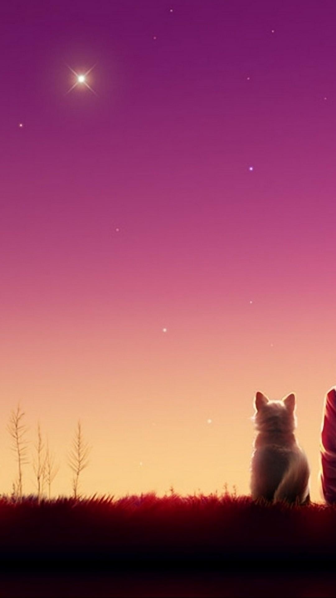 Anime girl watches the sunset with her cat HD Wallpapers