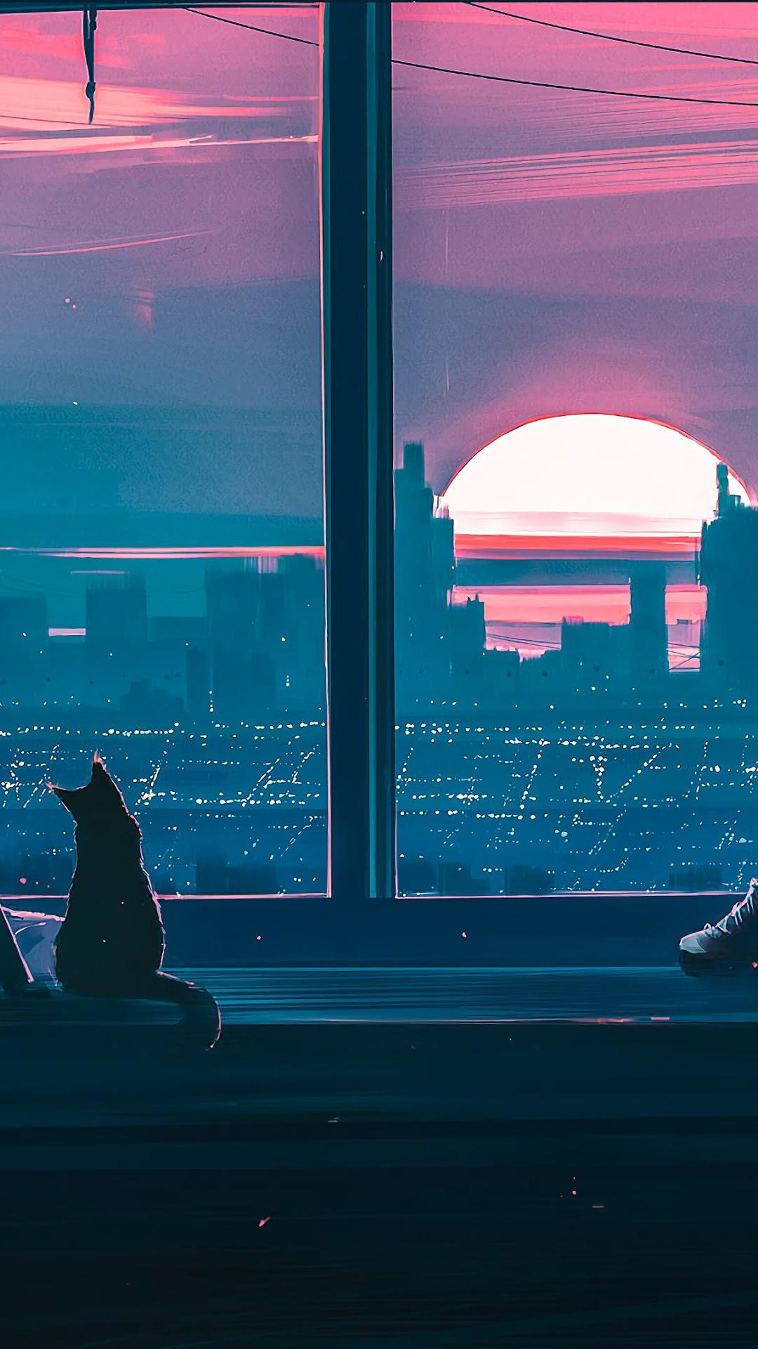 Anime Girl Cat City Scenery 4K Wallpaper