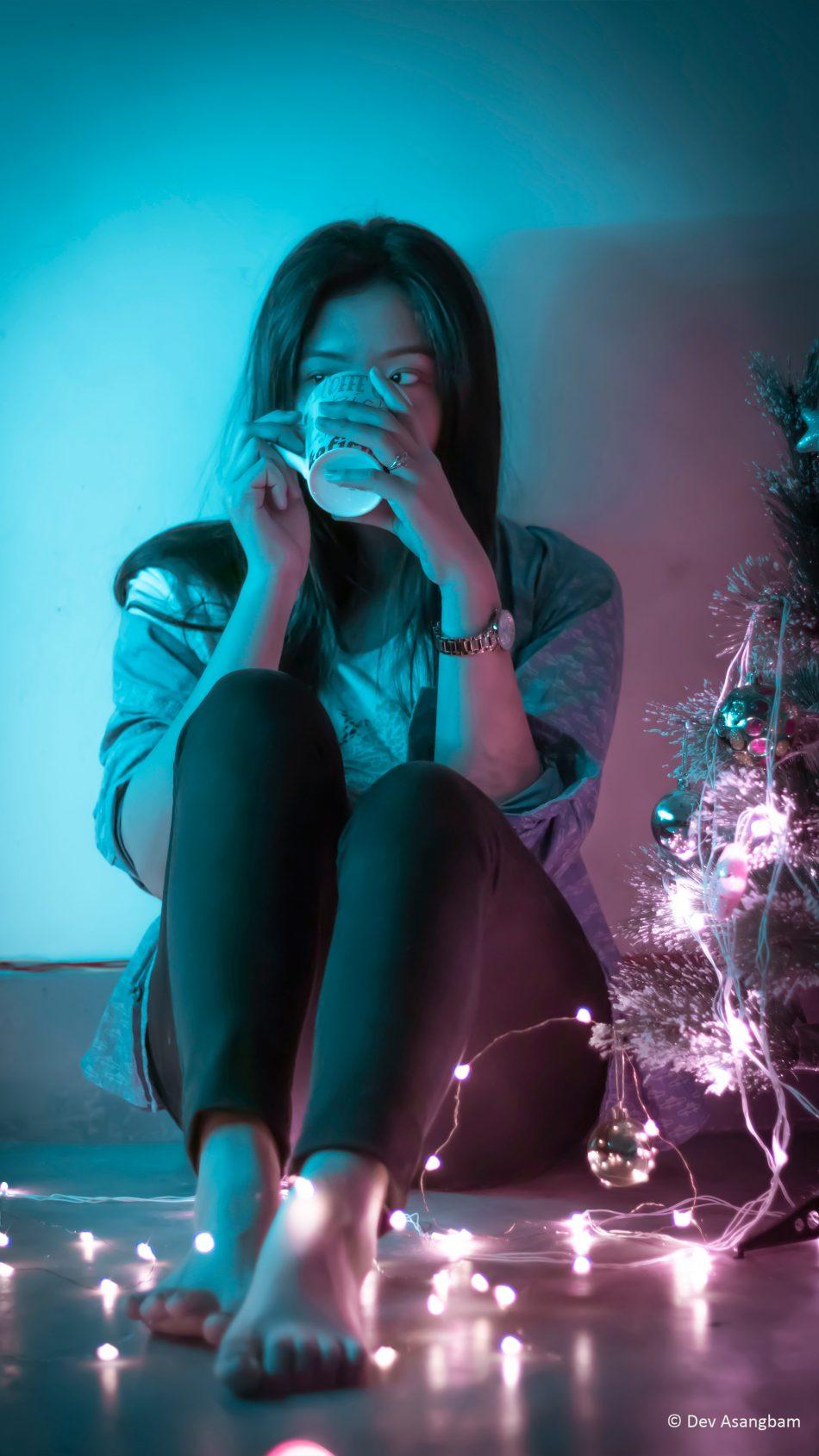 Cute Girl Coffee Lights Christmas Tree Photography