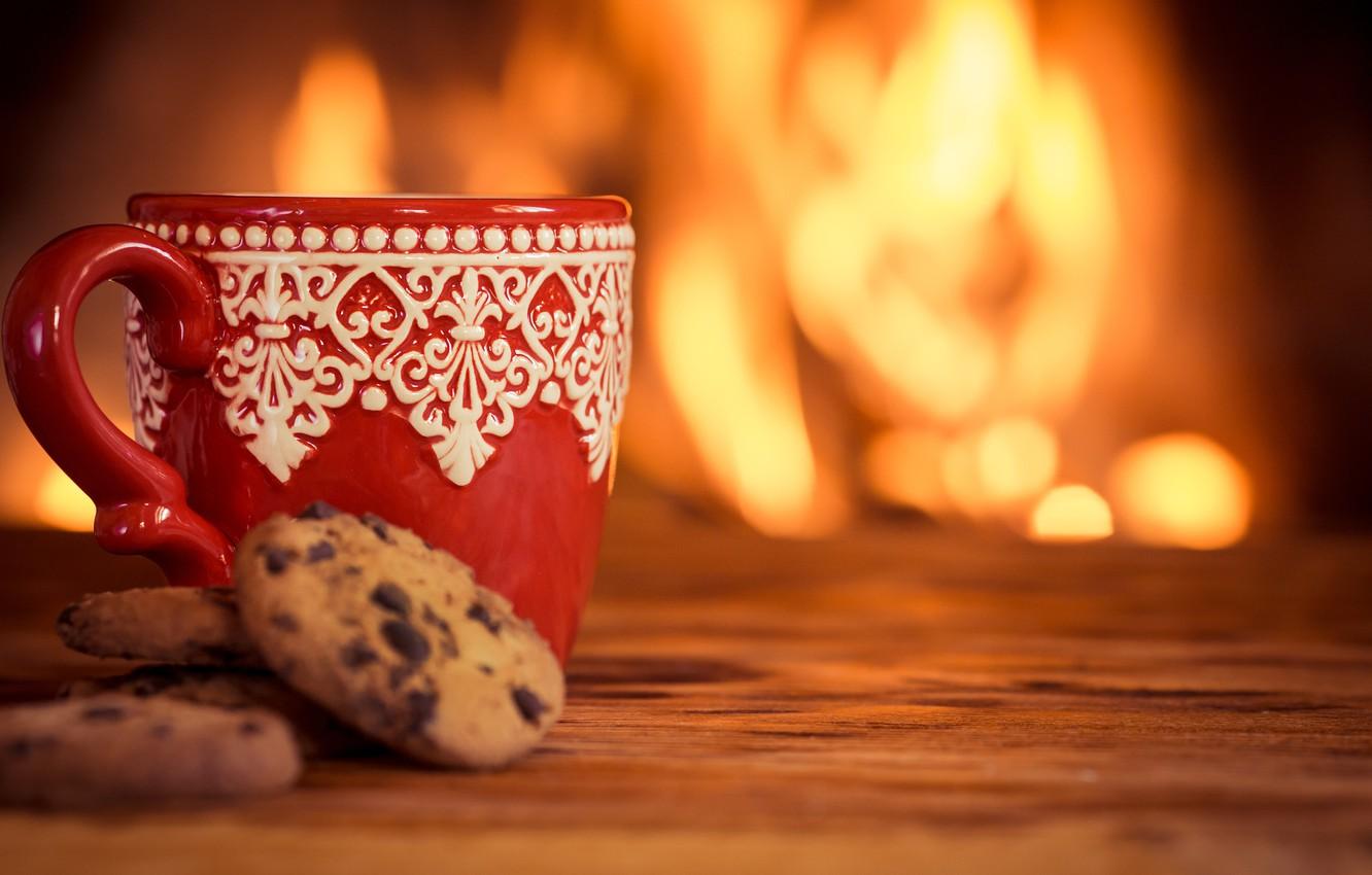 Wallpaper winter, coffee, hot, cookies, Cup, fire, fireplace