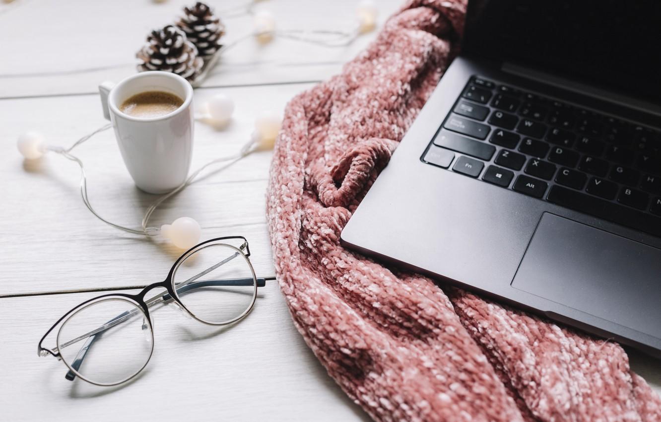 Wallpaper winter, scarf, glasses, laptop, winter, cup