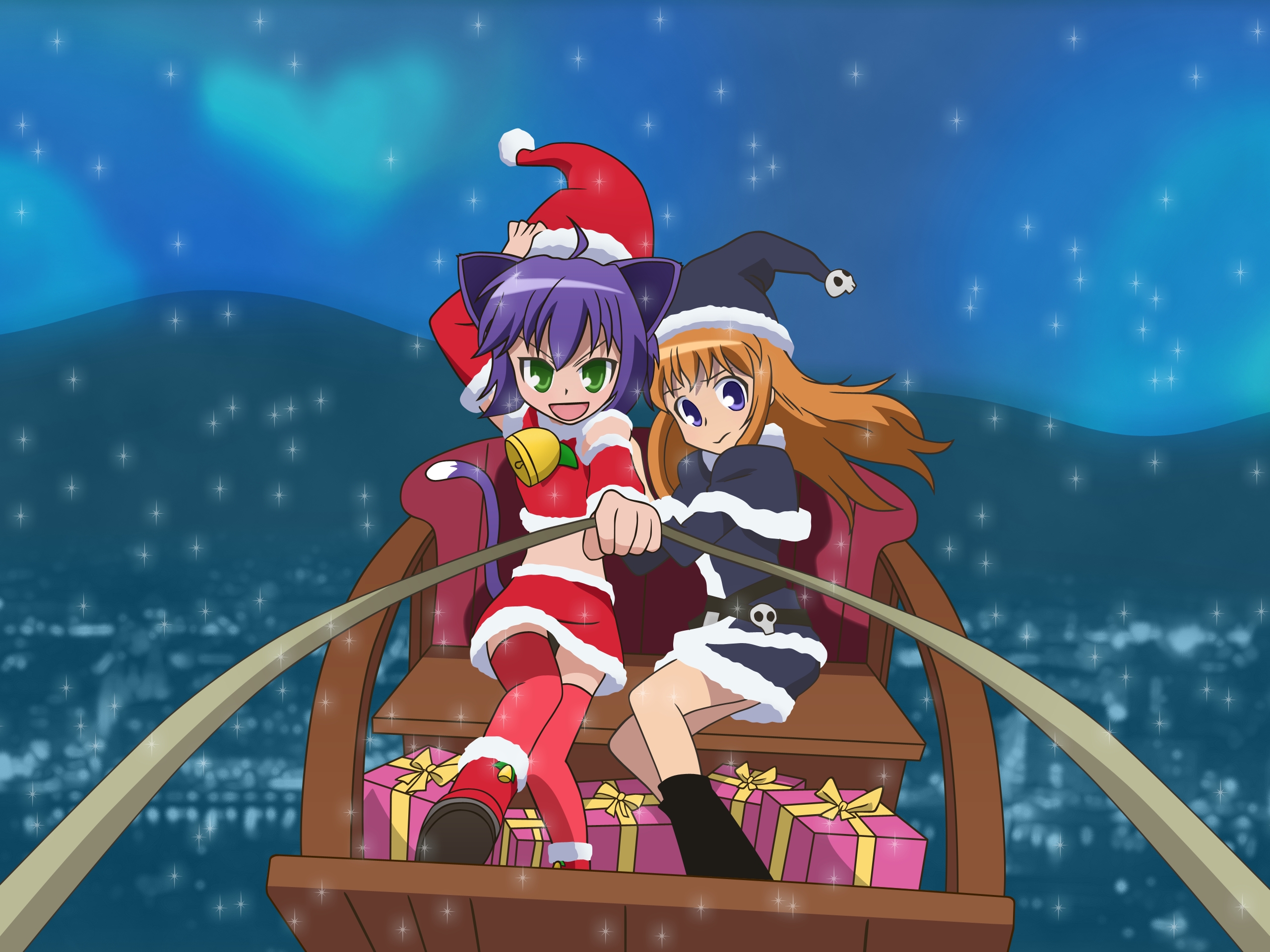 Download wallpaper 2560x1920 anime, girls, christmas, sleigh