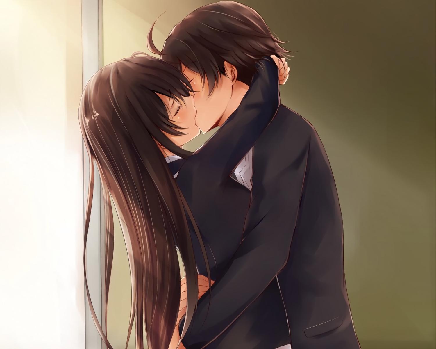 brown hair cropped hikigaya hachiman kiss long hair male