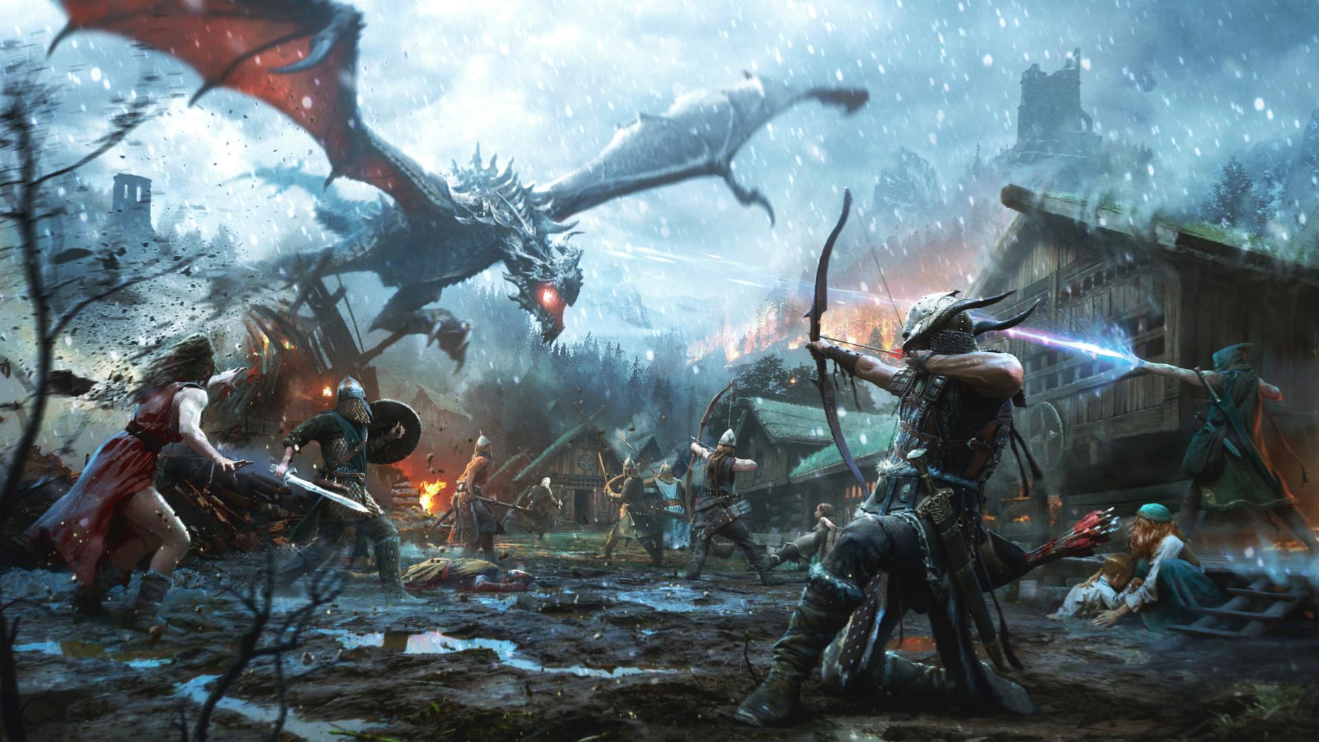 Warriors battle a dragon Wallpaper from The Elder Scrolls