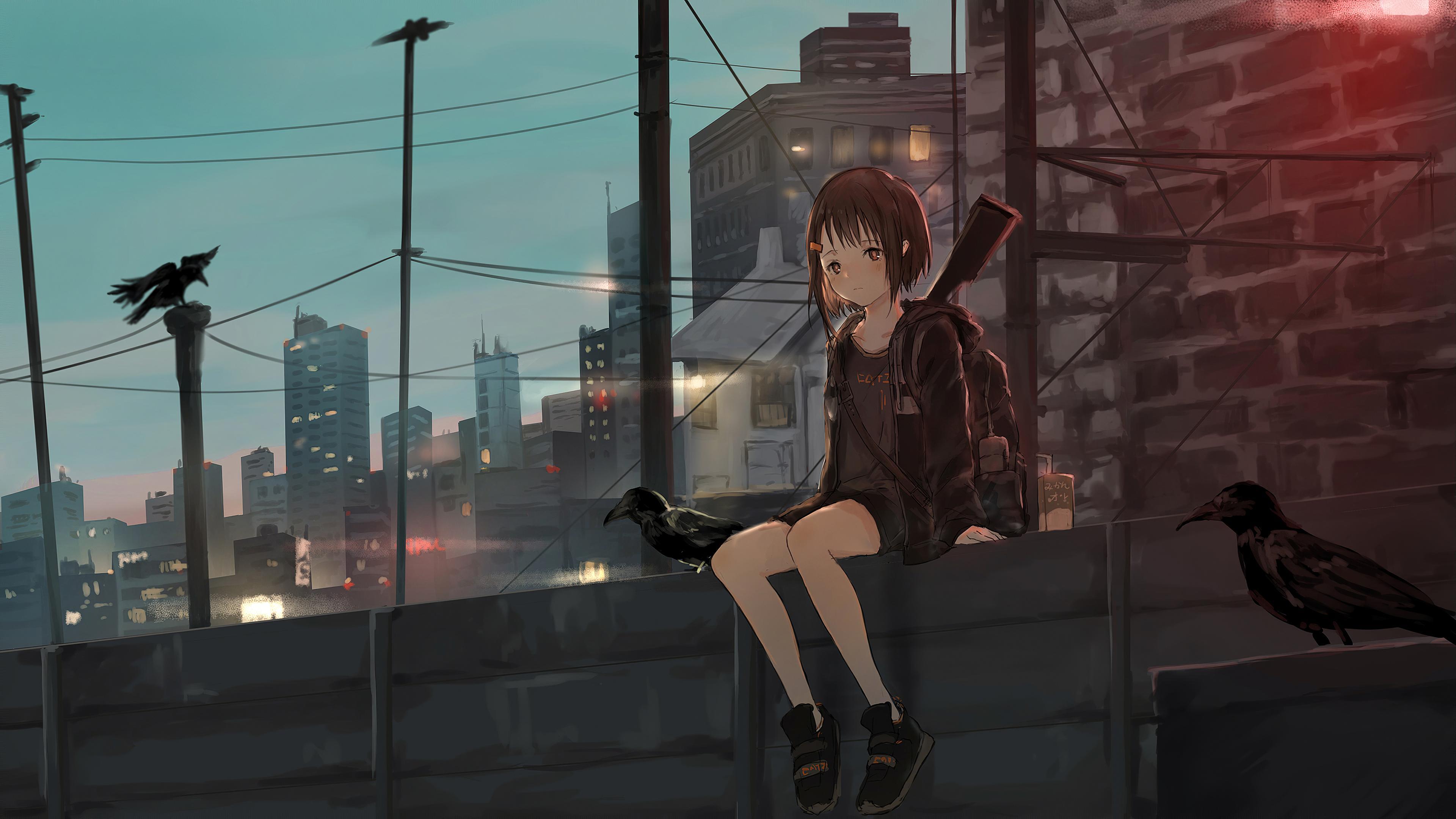 Anime Girl Sitting Alone Roof Sad 4k, HD Anime, 4k