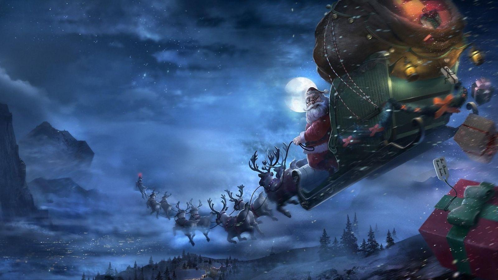 Wallpaper santa claus, reindeer, sleigh, flying, gifts, christmas. Рождественские обои, Рождественские пейзажи, Обои