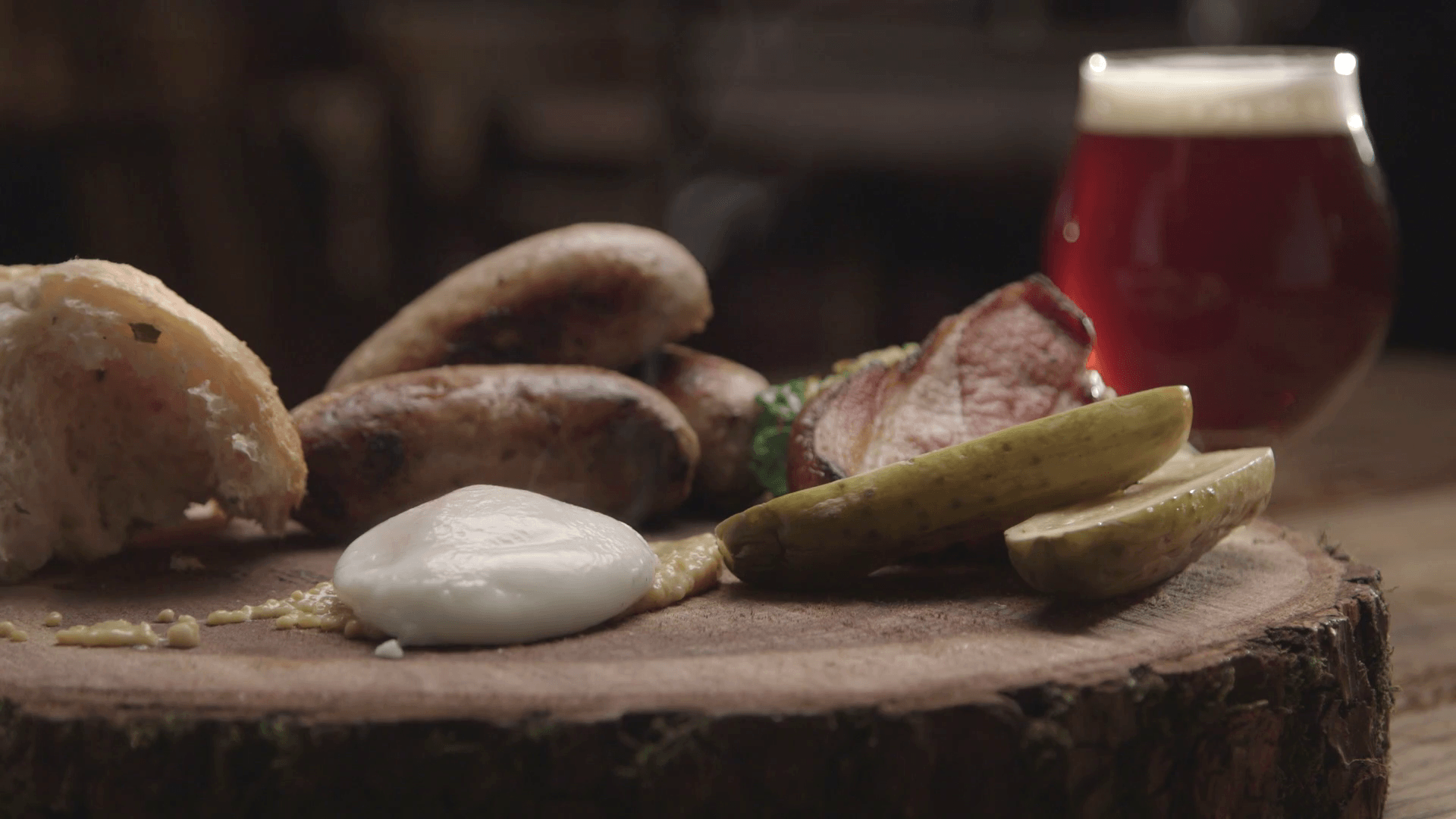 Delicious food and beer plated on rustic setting. Stock Video Footage