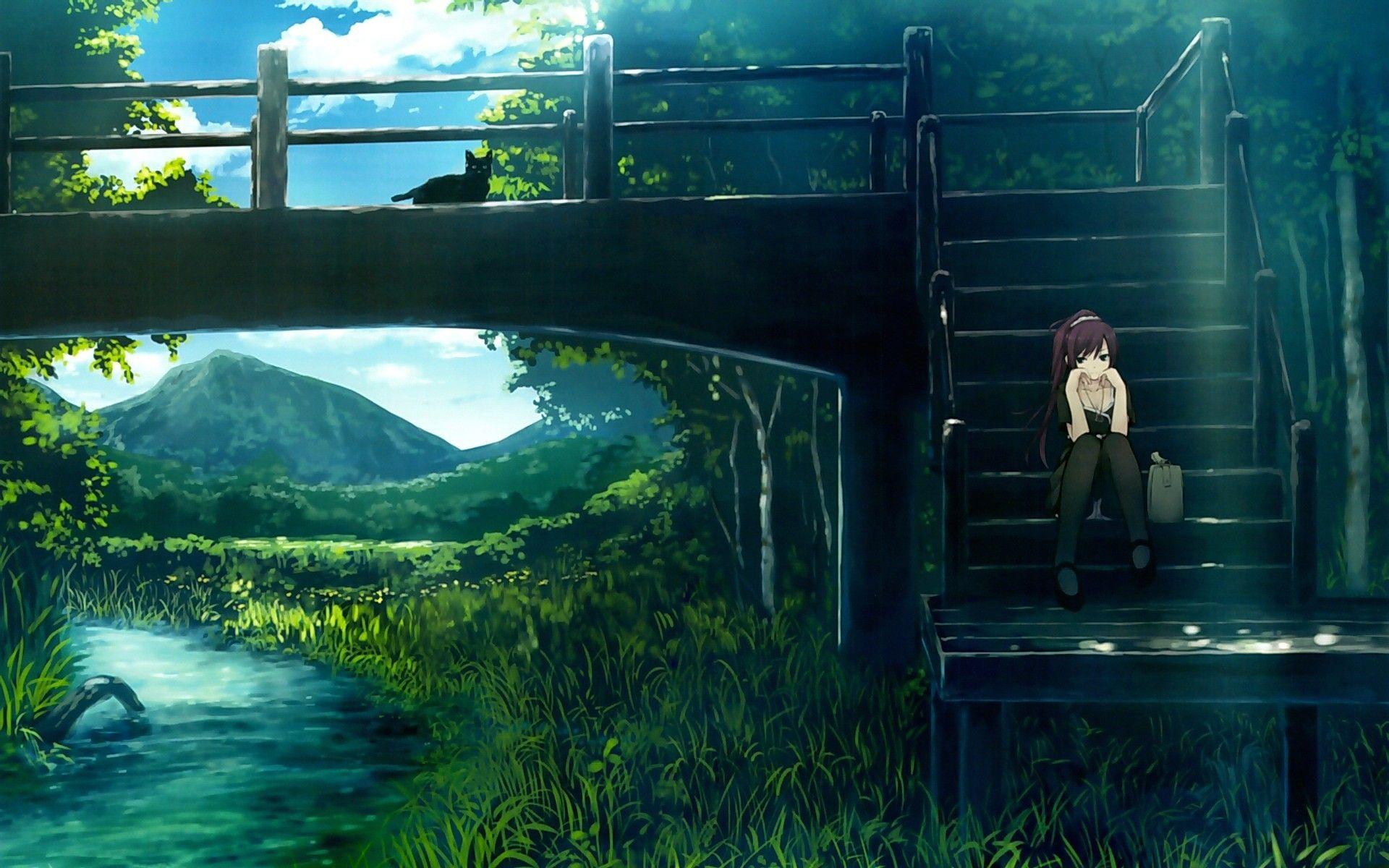 Anime Nature scenery Wallpaper bridge river. Anime