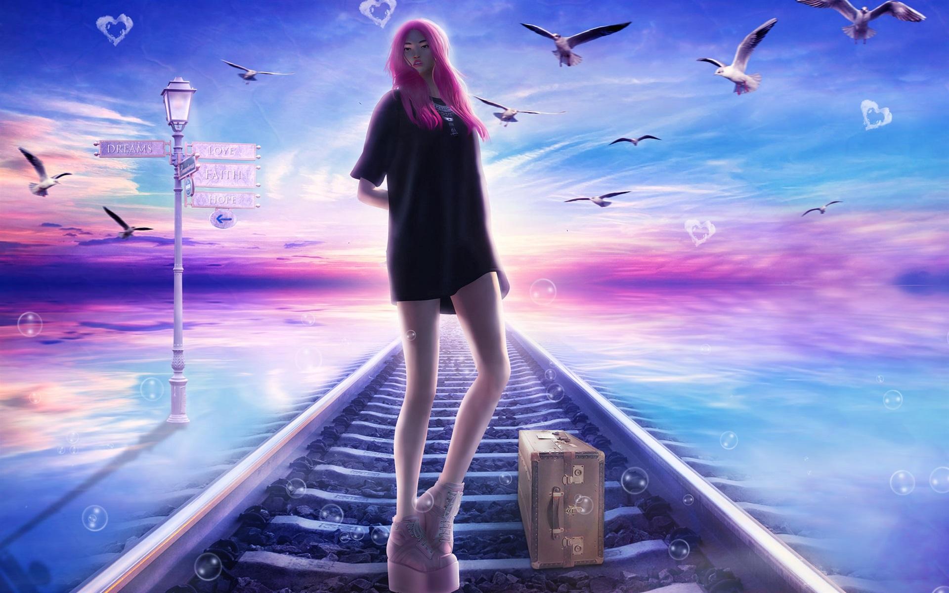 Wallpaper Pink haired fantasy girl, railroad, birds, dream