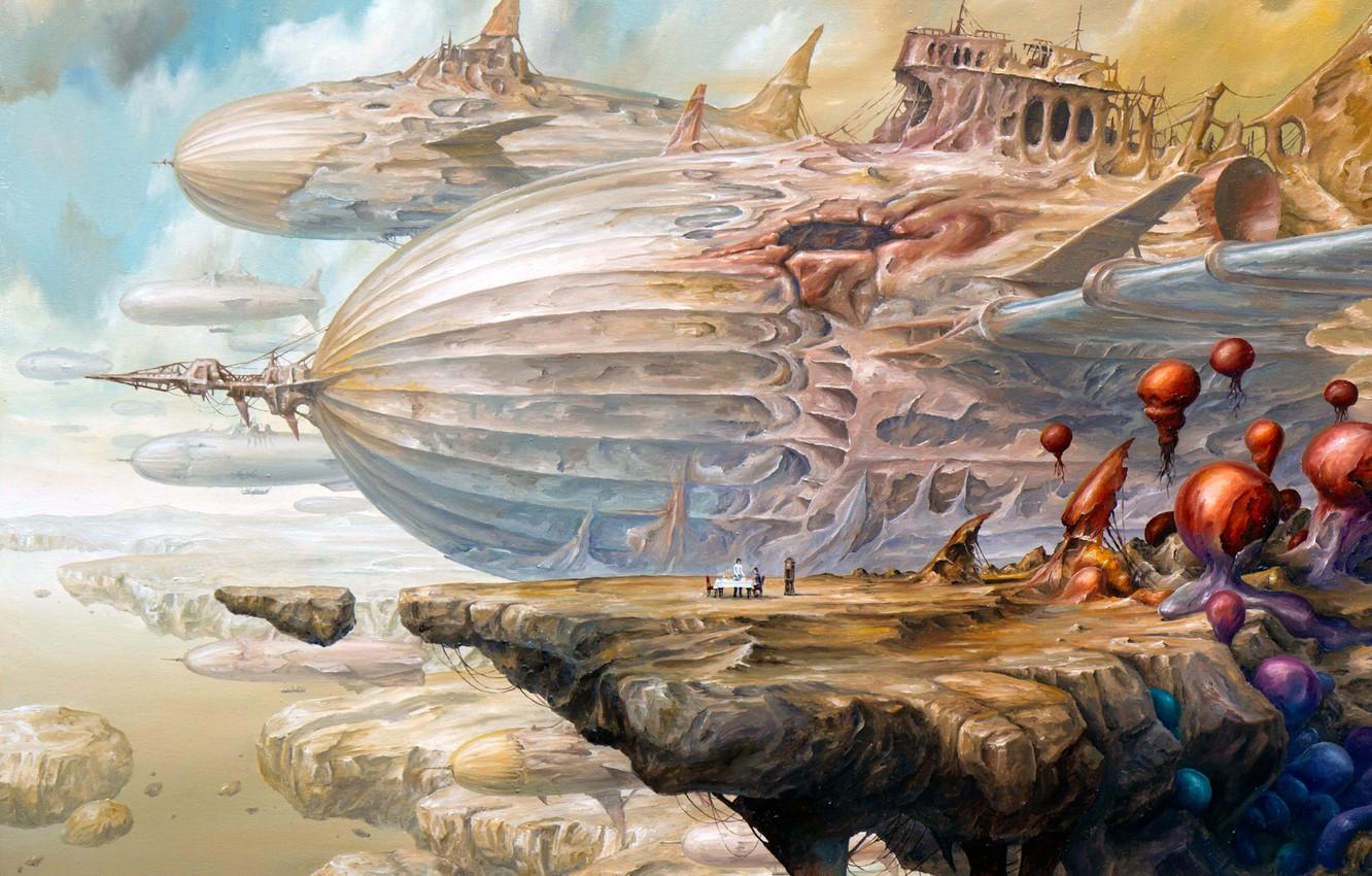 Wallpaper dream, girl, fantasy, airship, sky, flying, woman, rocks