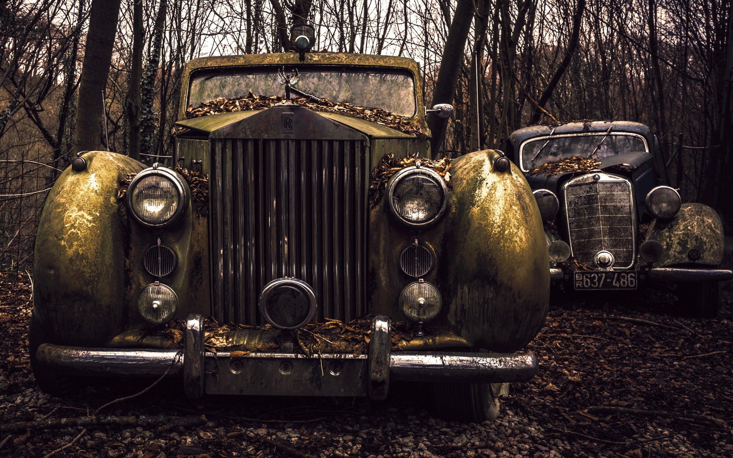 Vintage gold and black cars, car, vehicle, wreck, Rolls