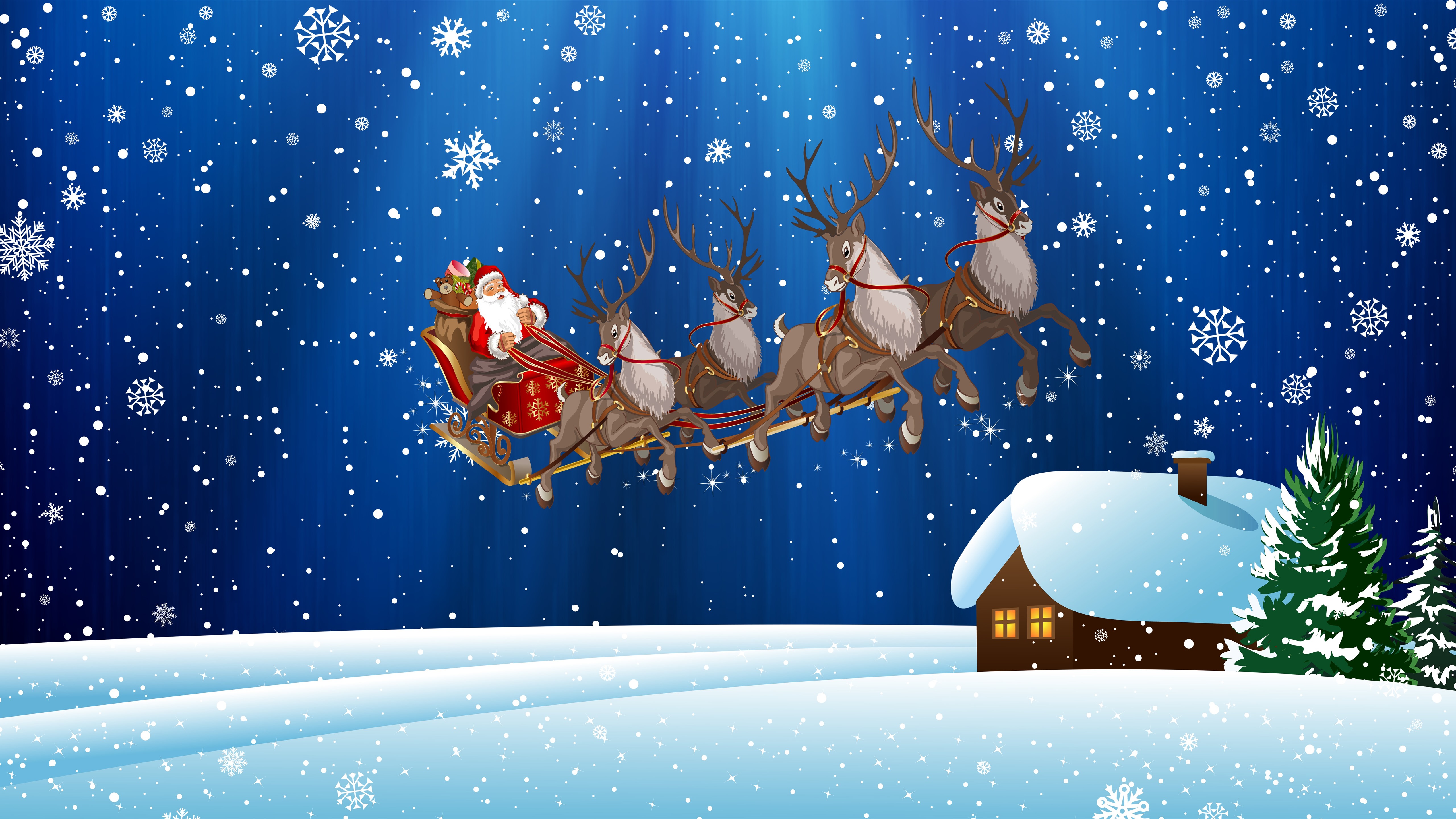Wallpaper Christmas, Santa Claus, snowflakes, snow, deer