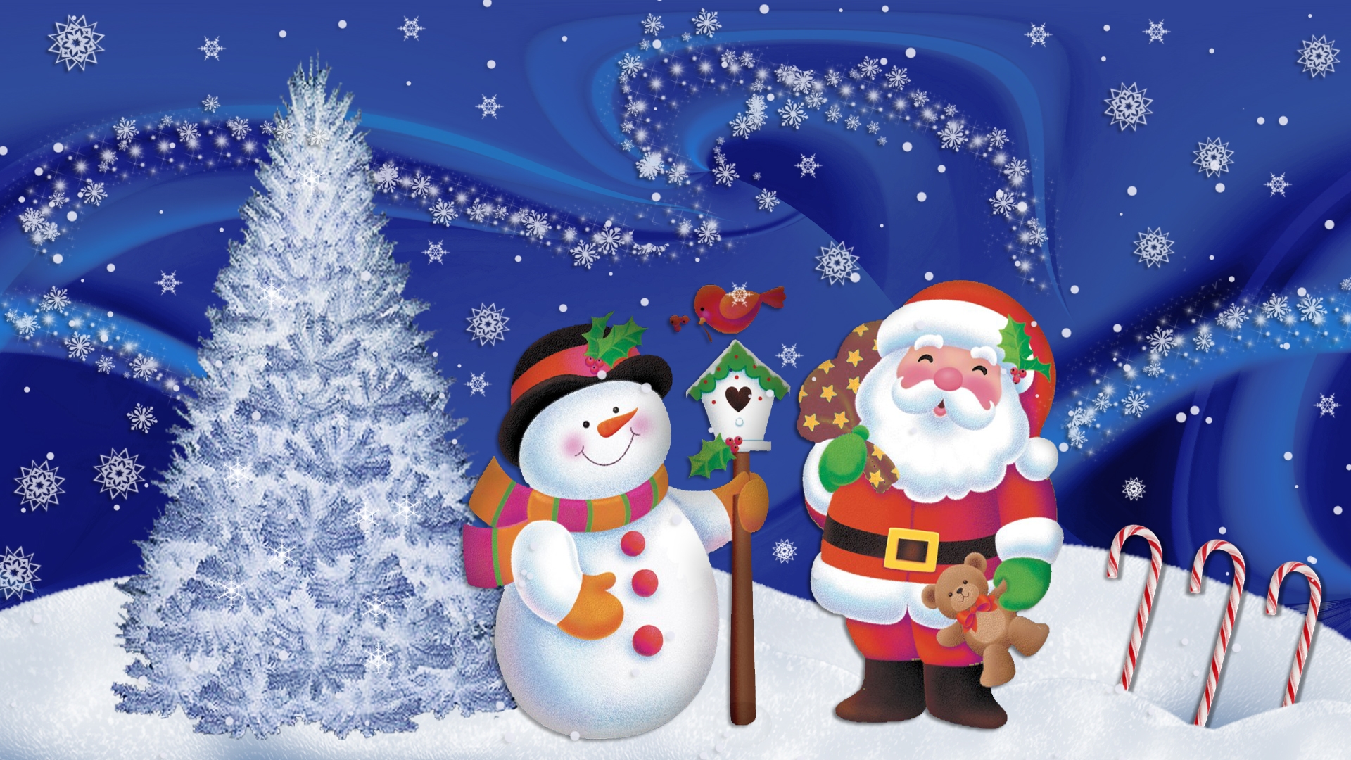 Christmas Santa Claus and Snowman Wallpaper