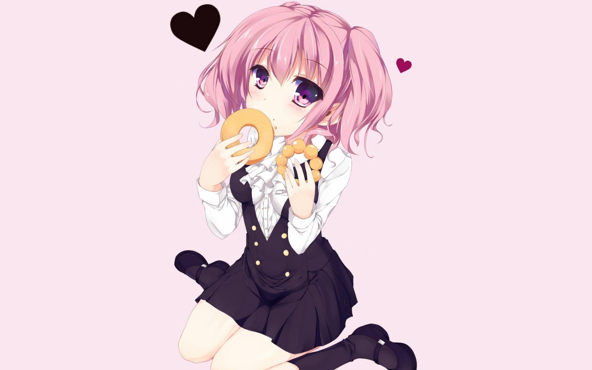Pink haired anime girl eating doughnuts HD wallpaper