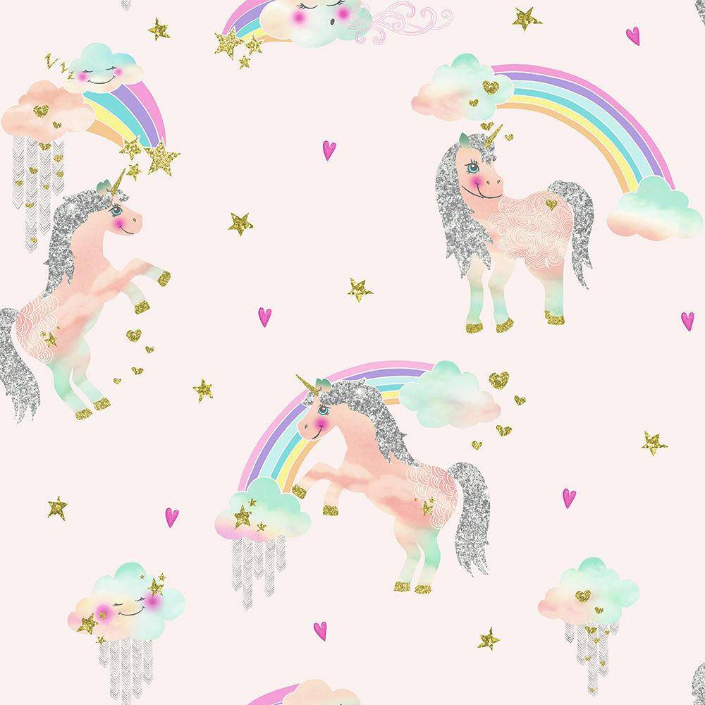 Rainbow Unicorn Wallpaper Girls Bedroom Glitter Sparkle Pink
