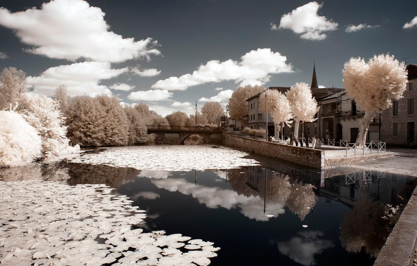 Wallpaper the sky, clouds, trees, bridge, house, river