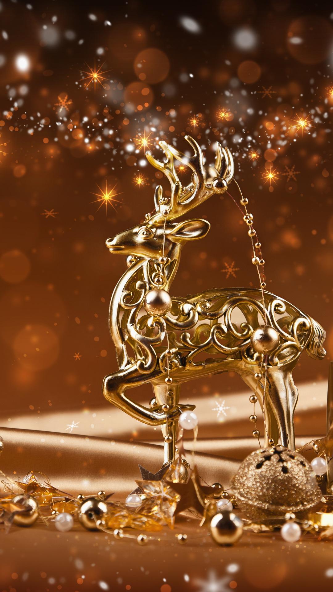 golden christmas, new year, reindeer, decoration