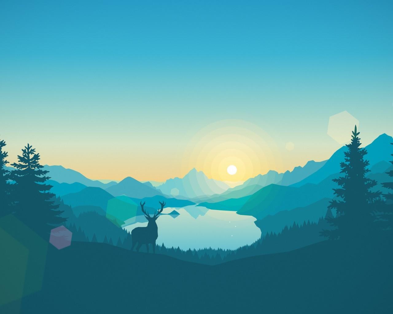 Download 1280x1024 Flat Landscape, Minimalism, Deer, Lake