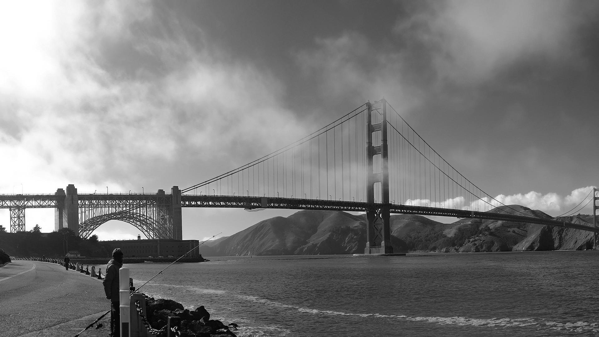 black and white, landscapes, nature, bridges, Golden Gate