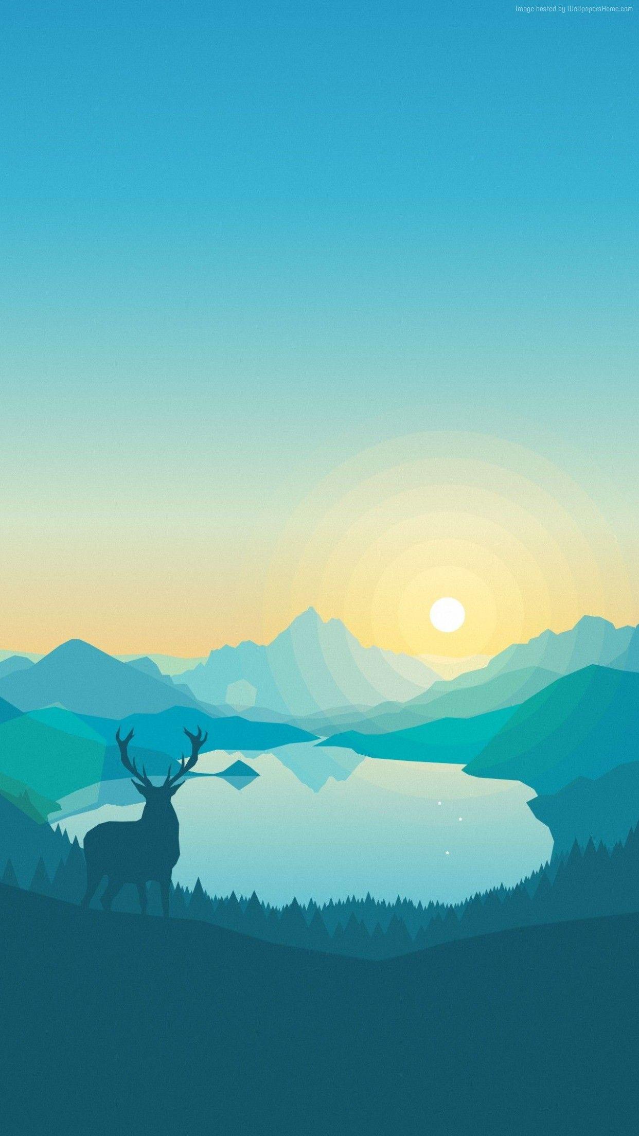 Blue, apple, animation, deer, lake, wallpaper, iPhone, clean, beauty, colour, iOS, minimal, iPhone. Abstract wallpaper, Landscape illustration, Landscape artwork