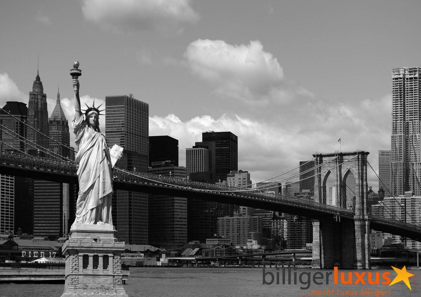 Wall mural wallpaper Brooklyn Bridge Statue of Liberty New York black white photo 360 cm x 254 cm / 3.94 yd x 2.78 yd